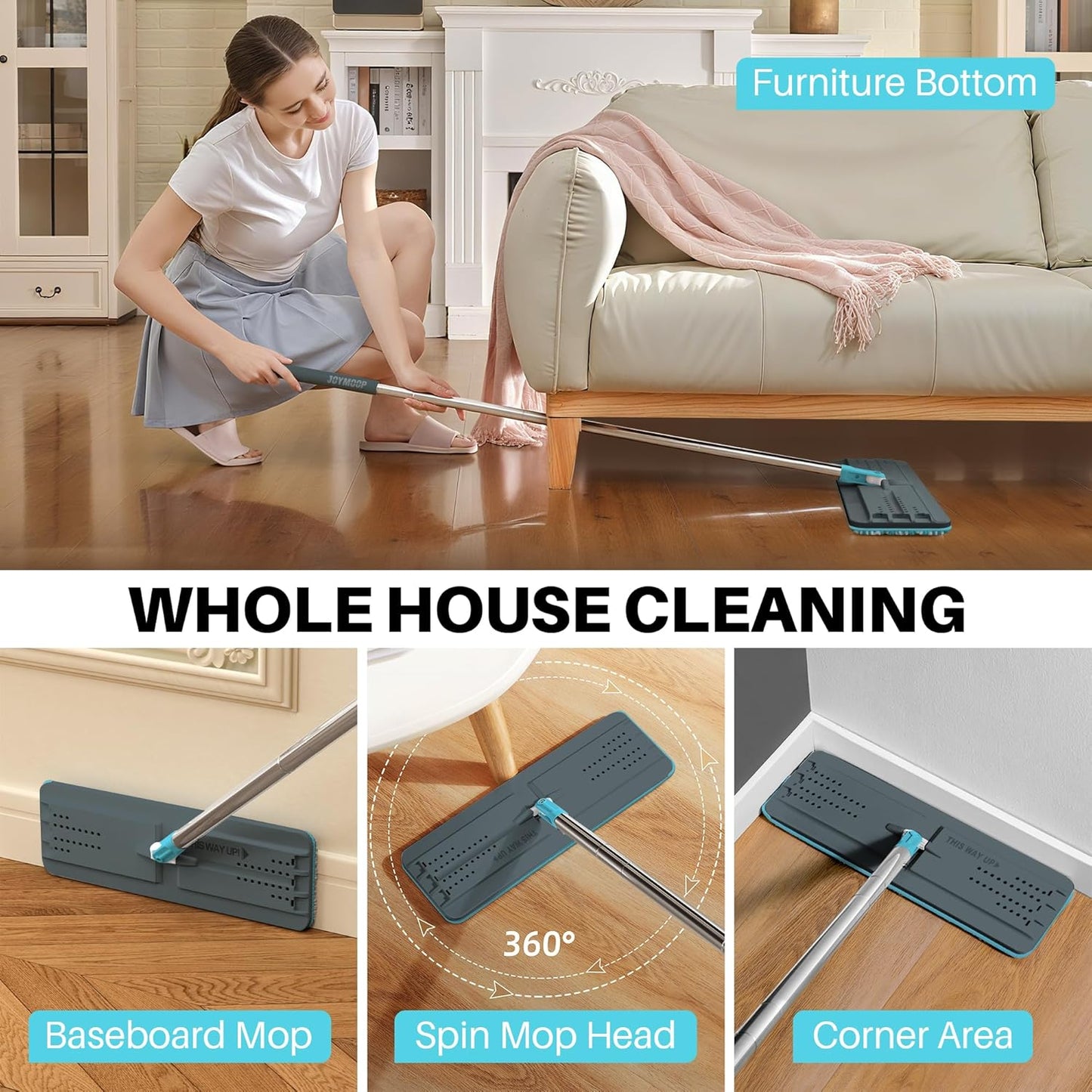 JOYMOOP Flat Mops, Microfiber Mop for Floor Cleaning and Wall Cleaner, 50" Mop Handle with Flexible 13" Flat Head with a Microfiber Mop Pad - White