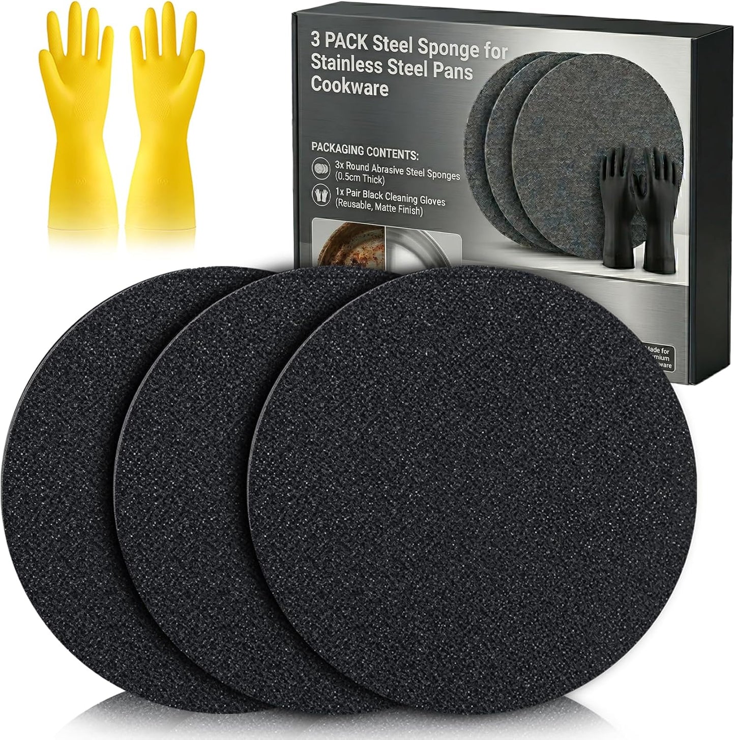 3PACK Korea Steel Sponge for Stainless Steel Pans Cookware - Croppable Professional Stainless Steel Pan Sponges for Heavy Duty Burnt-On Stain Removal, Mirror Shine Restorer (3PCS)