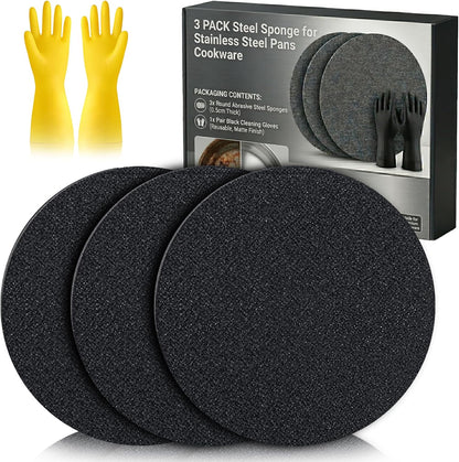 3PACK Korea Steel Sponge for Stainless Steel Pans Cookware - Croppable Professional Stainless Steel Pan Sponges for Heavy Duty Burnt-On Stain Removal, Mirror Shine Restorer (3PCS)