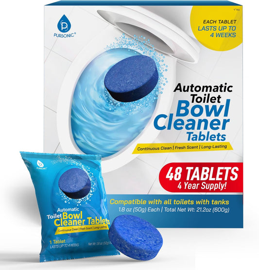 Pursonic Automatic Toilet Bowl Cleaner 48 Tablets 4 Year Supply - Blue Gel Toilet Tank Cleaners, Long-Lasting - Septic-Safe Hard Water Ring Stain Remover, Smell Eliminator Deodorizer, Fresh Scent