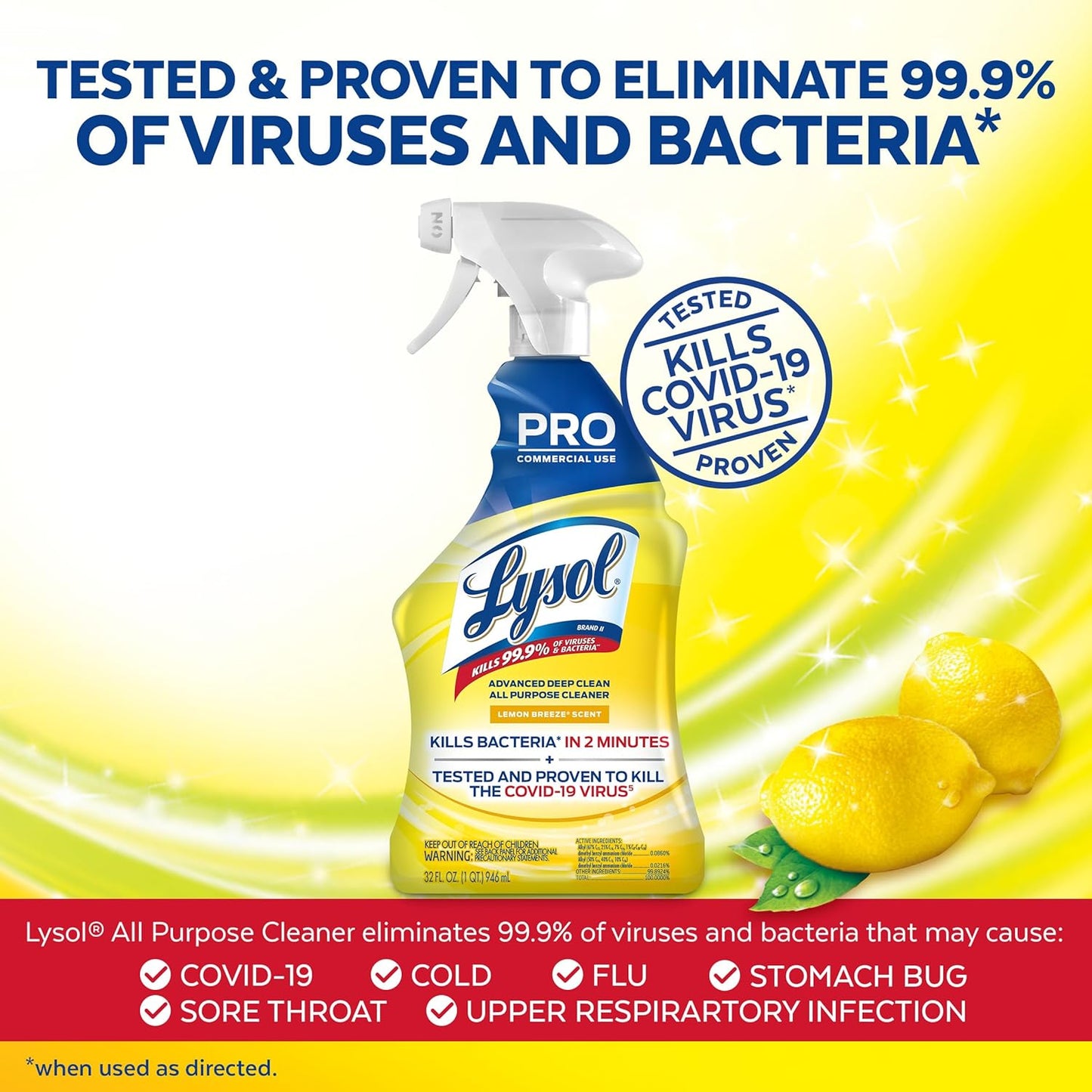 Lysol Pro All-Purpose Cleaner, Advanced Deep Cleaning Sanitizing and Disinfecting Spray, For Commercial Use, Use to Clean and Deodorize, Lemon Breeze Scent, 32oz (Pack of 1)