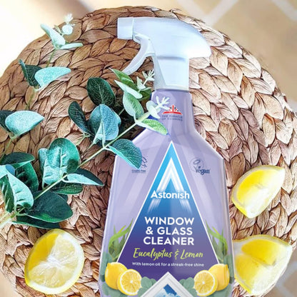 Astonish Streak Free Window & Glass Cleaner Spray Bottle With Vinegar For Deep Cleaning - Eucalyptus & Lemon Scented Home And Bathroom Cleaner - Vegan Cruelty Free Household Cleaning Supplies, 750ml