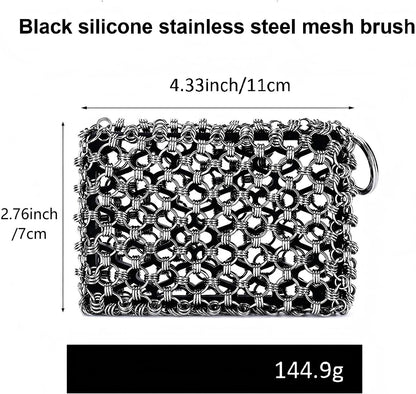 NTMY 316 Stainless Steel Pan Cleaner with Silicone Core – 4.5 Inch Dish Pot Brush,Cast Iron Scrubber, Metal Dish Scrubber,Dish Pot Brush,Chain Mail Scrubber for Oven&Grill Kitchen Cleaning Black