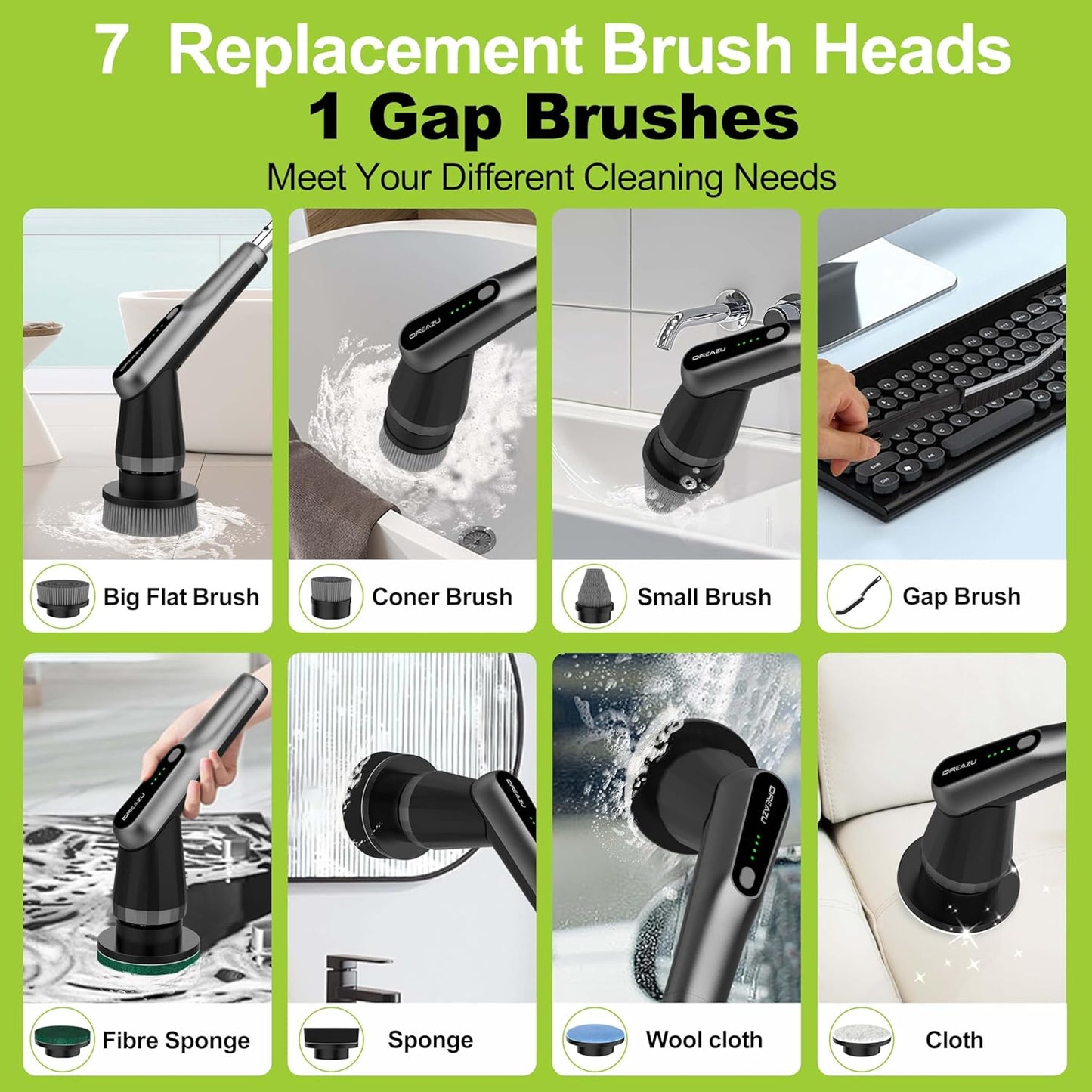 Electric Spin Scrubber, Dreazu IPX7 Shower Scrubber with 7 Replaceable Brush Heads & Retractable Handle, 2-Speed Adjustable Shower Cleaner for Bathroom,Toilet, Bathtub, Kitchen, Tile Floors