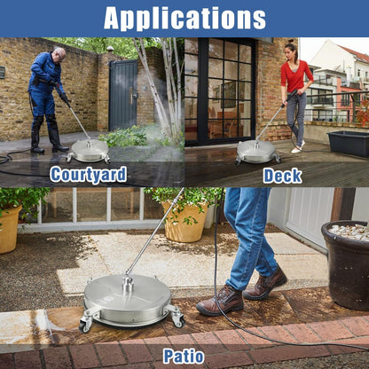 janz 14" Pressure Washer Surface Cleaner with 4 Wheels, Stainless Steel Housing, 1/4" Quick Plug, 2 Extension Wands, 2 Replacement Nozzles and 3 Spray Nozzles, 4000 PSI