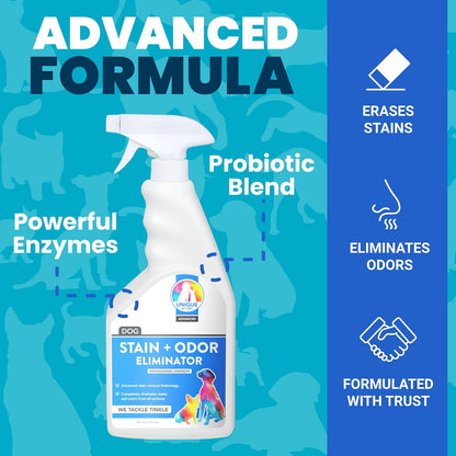 Unique Advanced Dog Odor & Stain Remover, Enzyme Cleaner Spray for Urine & Pet Accidents, Eliminates Odors at the Source, Carpet & Fabric Safe, 24 oz