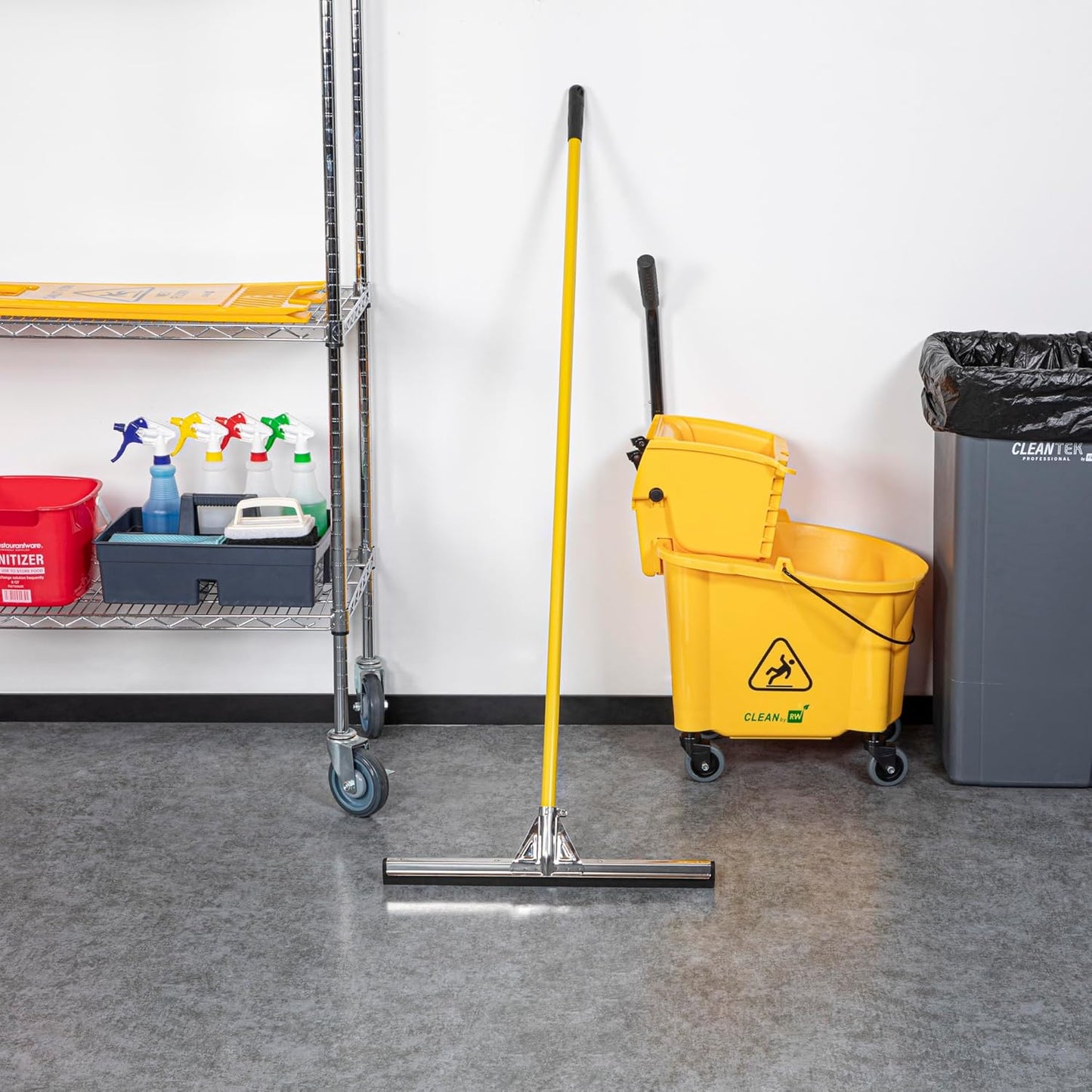 Restaurantware RW Clean 54.3 Inch Non-Slip Handle For Floor Squeegee - Hanging Loop Durable Yellow Iron Handle