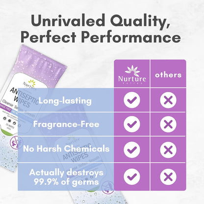 XL Individually Wrapped Nurture Antibacterial Body & Hand Wipes | Alcohol-Free Antiseptic Wet Disinfecting Towelettes for Germ Removal, Sanitizing Hands |Cleaning Cloths| Adults & Baby| Thick & Strong