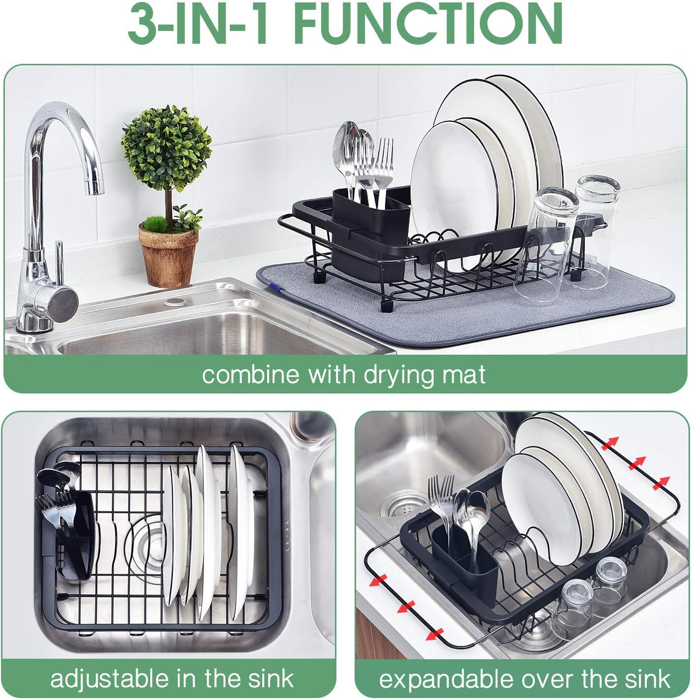 TOOLF Expandable Sink Caddy with Dish Towel Bar, Adjustable Over-The-Sink Organizer for Kitchen, Rustproof Sponge Holder and Drying Rack
