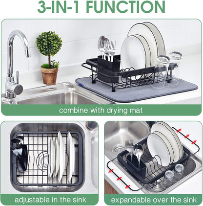 TOOLF Expandable Sink Caddy with Dish Towel Bar, Adjustable Over-The-Sink Organizer for Kitchen, Rustproof Sponge Holder and Drying Rack