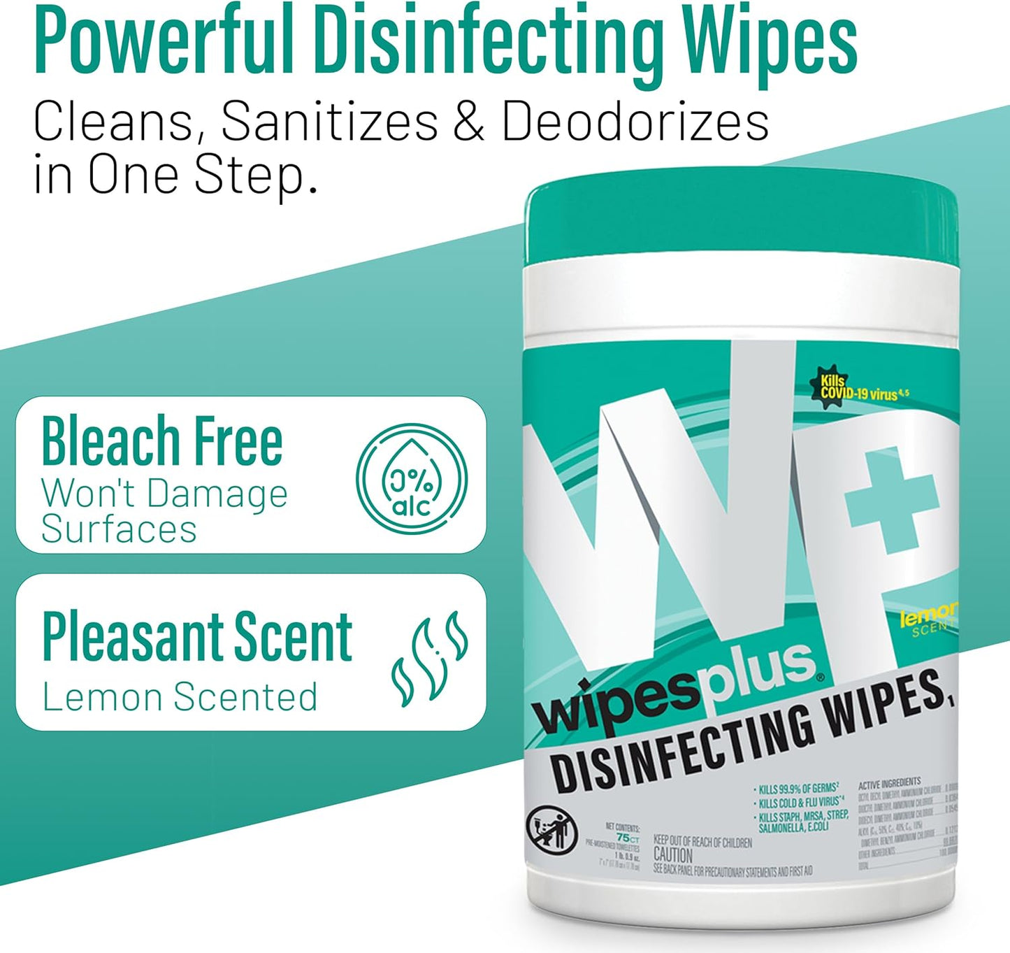 WIPESPLUS Disinfecting Surface Wipes Canister Bleach Free with Lemon Scent for Home and Business, 450 Count, (6 Packs of 75)