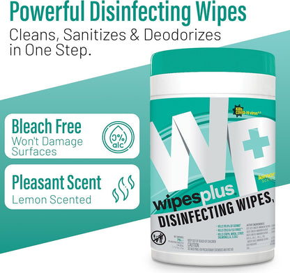 WIPESPLUS Disinfecting Surface Wipes Canister Bleach Free with Lemon Scent for Home and Business, 450 Count, (6 Packs of 75)