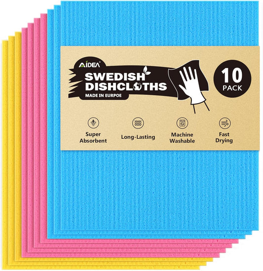 AIDEA Swedish Dishcloths for Kitchen-10PK, Absorbent Sponge Dish Cloth, Dishcloths for Washing Dishes, Reusable Paper Towels Dish Cloths, Swedish Towels for Home, Kitchen, Glass, 7" x 6"