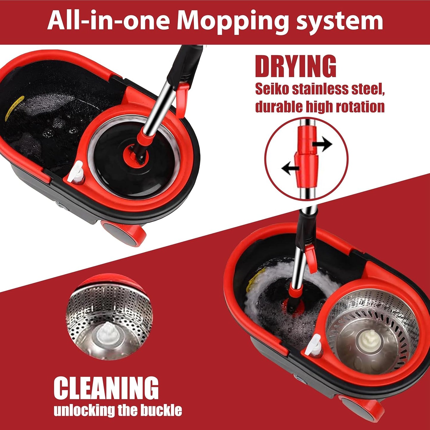 Spin mop and Bucket with Wringer Set，Spin Mop and Bucket with Wringer Set for Home，Stainless Steel 360 Floor Mop Bucket on Wheels，3 Microfiber Mop Replacement Heads and Adjustable Handle (Black)