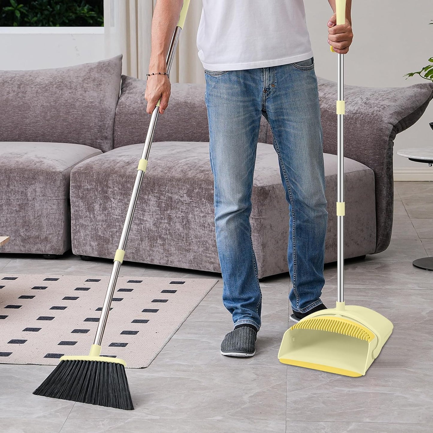 BSKLIN Broom and Dustpan Set, 52” Long Adjustable Handle Broom with Dustpan Combo Set with Dust Pan Teeth to Clean Hair for Home Lobby Office (Pink)