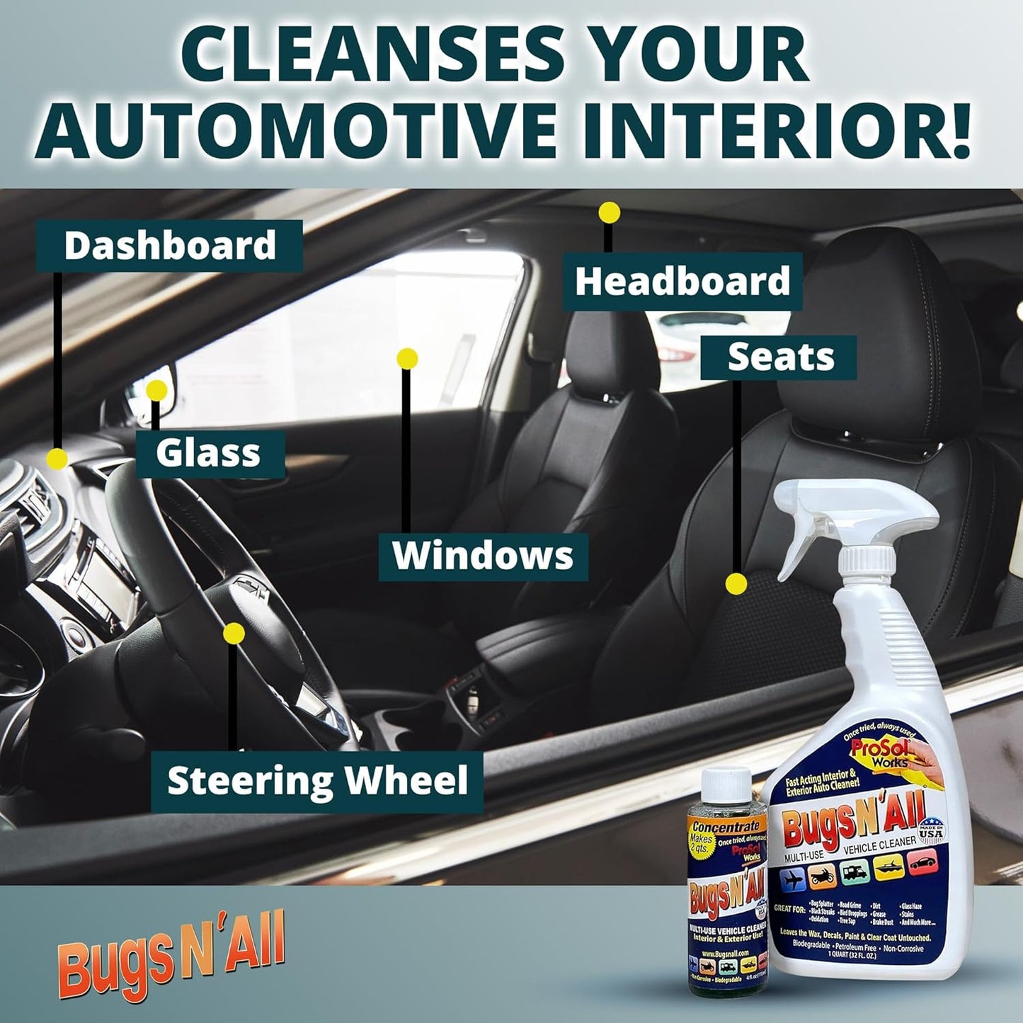 Bugs N’ All Multipurpose Car Cleaner & Degreaser - Bug & Tar Remover Concentrate 32 oz - Exterior Cleaner Safe for Car Paint, Metal, Chrome, Aluminum, Windows & Mirrors - w/Free 32 oz Spray Bottle