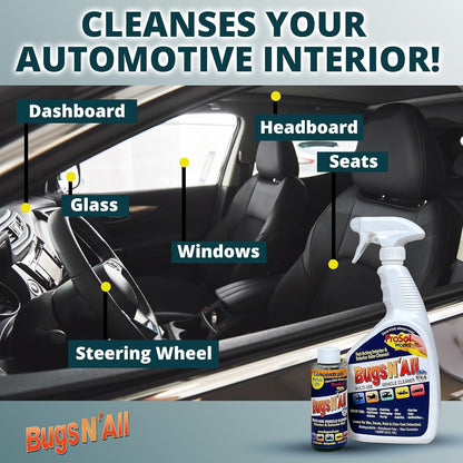 Bugs N’ All Multipurpose Car Cleaner & Degreaser - Bug & Tar Remover Concentrate 32 oz - Exterior Cleaner Safe for Car Paint, Metal, Chrome, Aluminum, Windows & Mirrors - w/Free 32 oz Spray Bottle