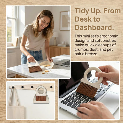 Mini Broom and Dustpan Set with Round Handle, Compact Small Hand Broom with Soft Bristles for Kitchen Counter, Desk, Drawer, Pet Area & Car Interior, Space-Saving Portable Cleaning Tool (Coffee)