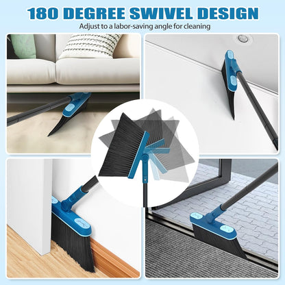 JEHONN Dustpan and Brush Set, 54 inches Long Handle Swivel Broom, Upright Foldable Dust Pan with Comb Teeth for Home Kitchen Lobby Indoor Floor Cleaning(Blue)