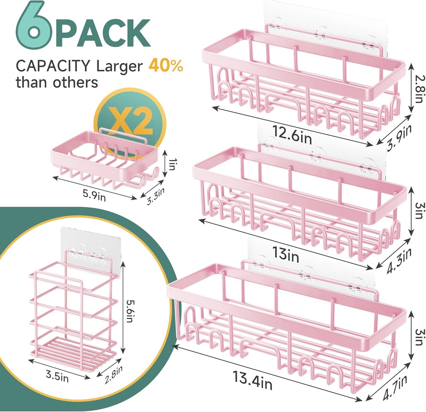Veken Shower Caddy 6-Pack, Advanced Rustproof Design, No Drilling Adhesive Shelves, Rack with Soap Holder, Large Capacity Bathroom Organizers and Storage, Wall-Mounted, Gifts for Women Mom