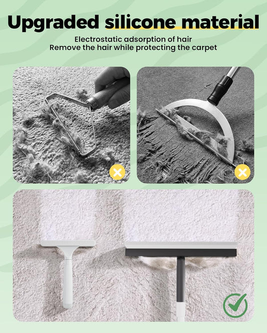 Carpet Rake for Pet Hair Removal Tool - 4 in 1 Pet Hair Remover Kit for Dog Cat Fur Remover, Contain 60" Adjustable Rubber Broom, Glove, Magic Brush and Scraper for Furniture,Short Pile Carpets, Mats