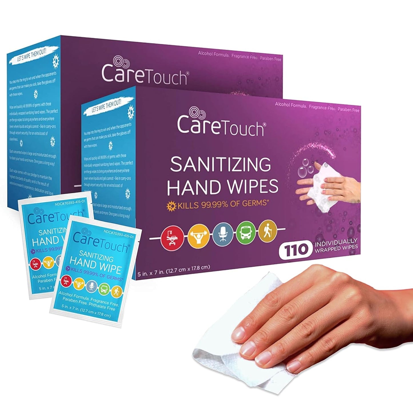 Care Touch Hand Sanitizer Wipes - 110 Hand Wipes Individually Wrapped - Travel Size - Sanitizing Wet Wipes for Home, Office & Outdoor Use