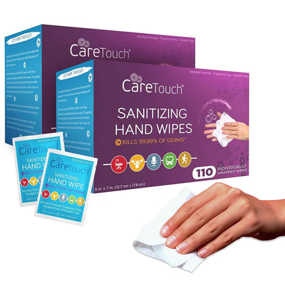 Care Touch Hand Sanitizer Wipes - 110 Hand Wipes Individually Wrapped - Travel Size - Sanitizing Wet Wipes for Home, Office & Outdoor Use