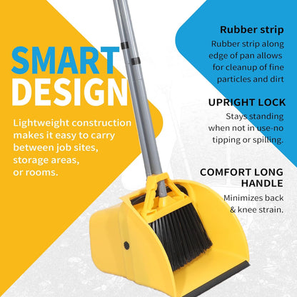 Commercial Broom and Dustpan Set, Jumbo Lobby Debris Dustpan (14inch*14inch), Heavy Duty Broom (14inch Width),for Indoor and Outdoor Cleaning,2 Sets, Yellow