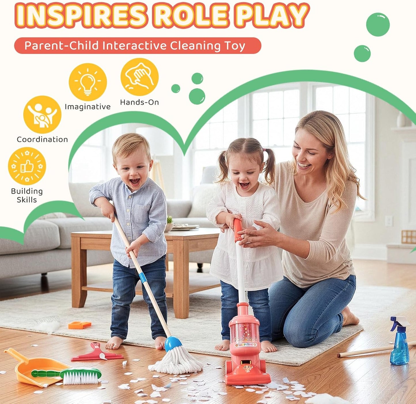 Meland Kids Cleaning Set - 8Pcs Toddler Broom and Toy Vacuum Cleaner, Pretend Play Children House Cleaning Toys, Christmas Birthday Gift for Girls and Boys