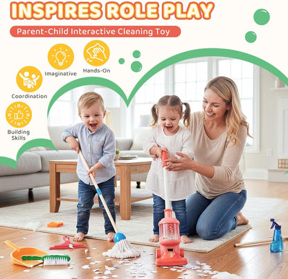Meland Kids Cleaning Set - 8Pcs Toddler Broom and Toy Vacuum Cleaner, Pretend Play Children House Cleaning Toys, Christmas Birthday Gift for Girls and Boys