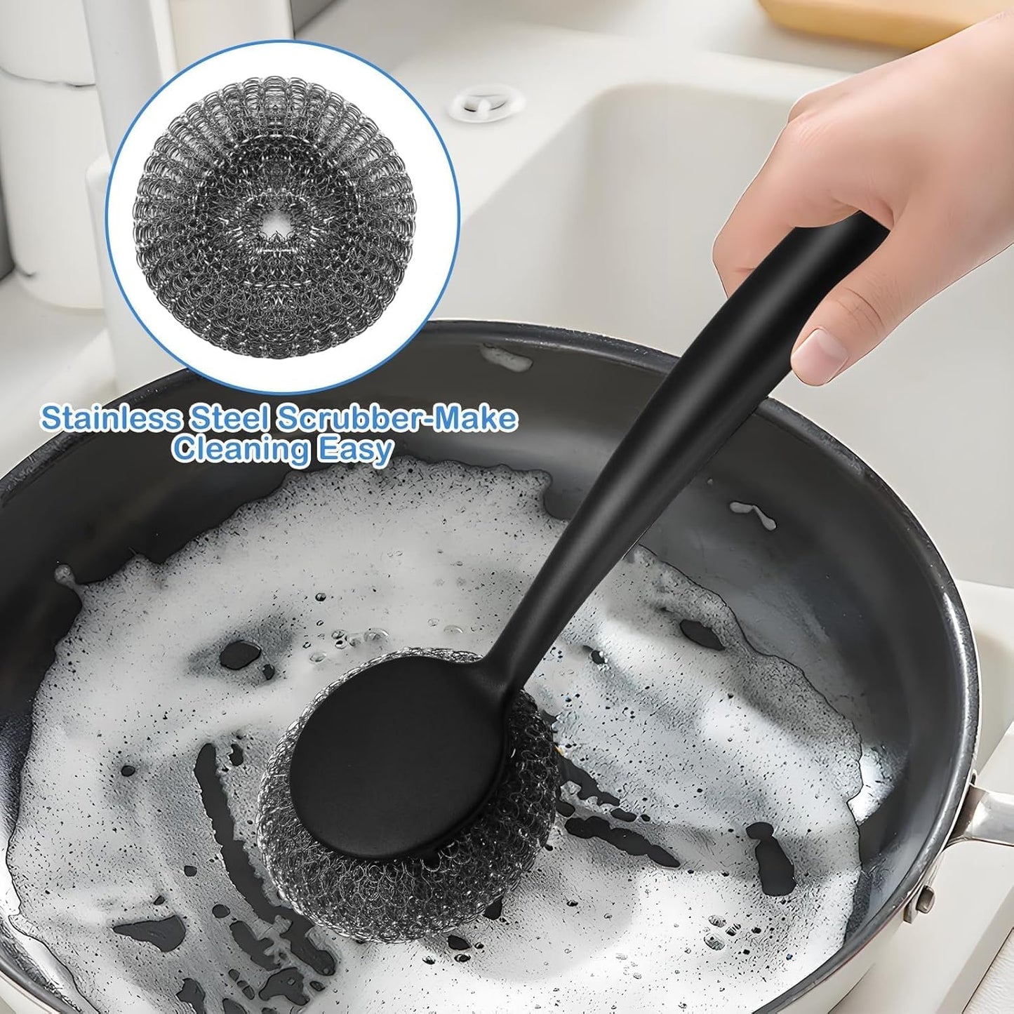 Stainless Steel Wool Scrubber with 2 Replacement Pads - Clean Metal Pans, Pots, Grills & More