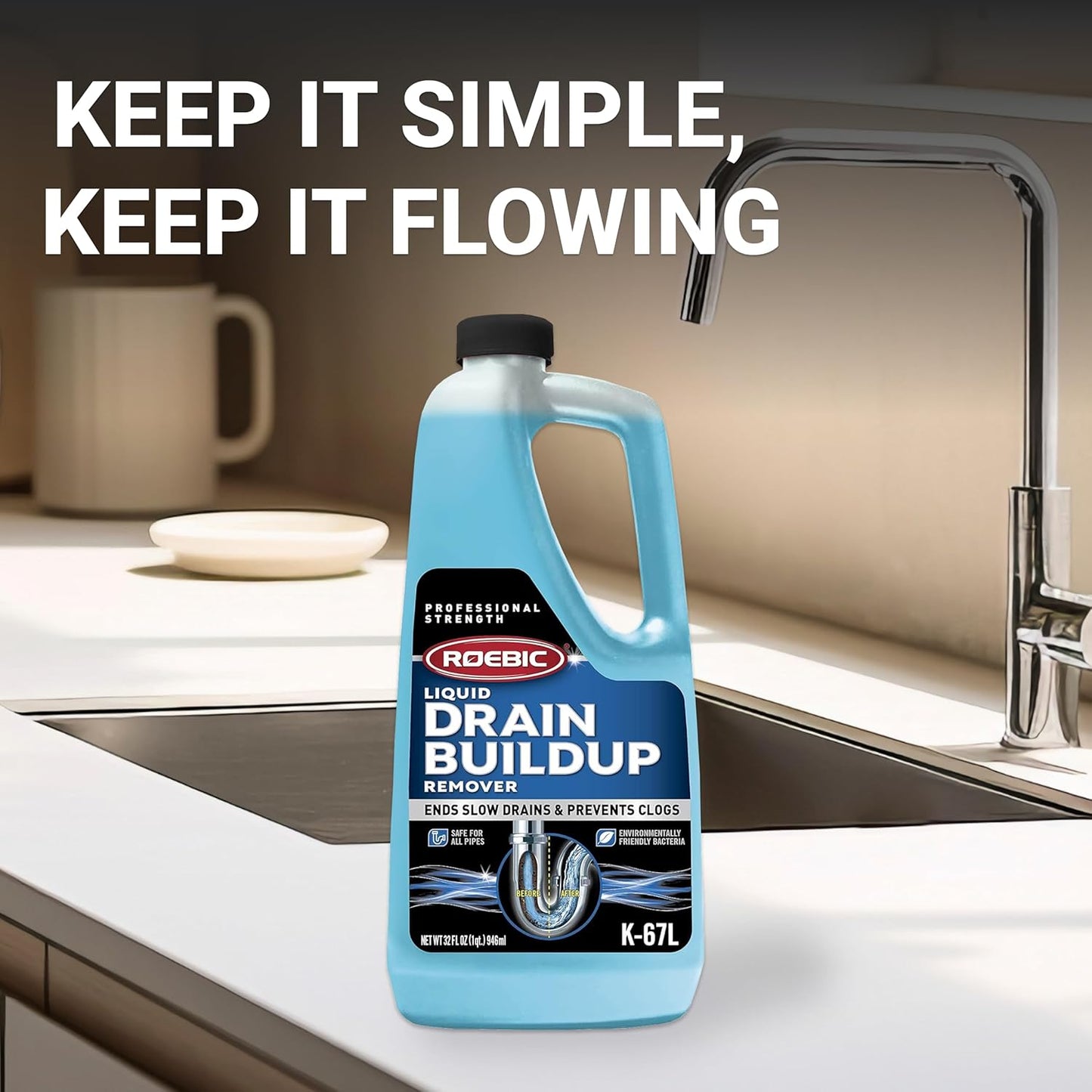 Roebic K-67 Liquid Drain Cleaner, Pipe Buildup Remover with Bacteria Enzymes for Household Drains and Sink Traps, Safe for Kitchen and Bathroom Sink, 32 fl oz