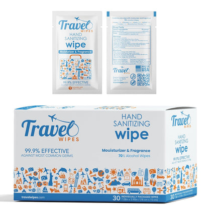 Hand Sanitizing Travel Wipes – 30ct Individually Wrapped | Fragrance-Free, Moisturizing, 70% Isopropyl Alcohol Wipes | Travel, Home, Office, Daily Use | Made in USA