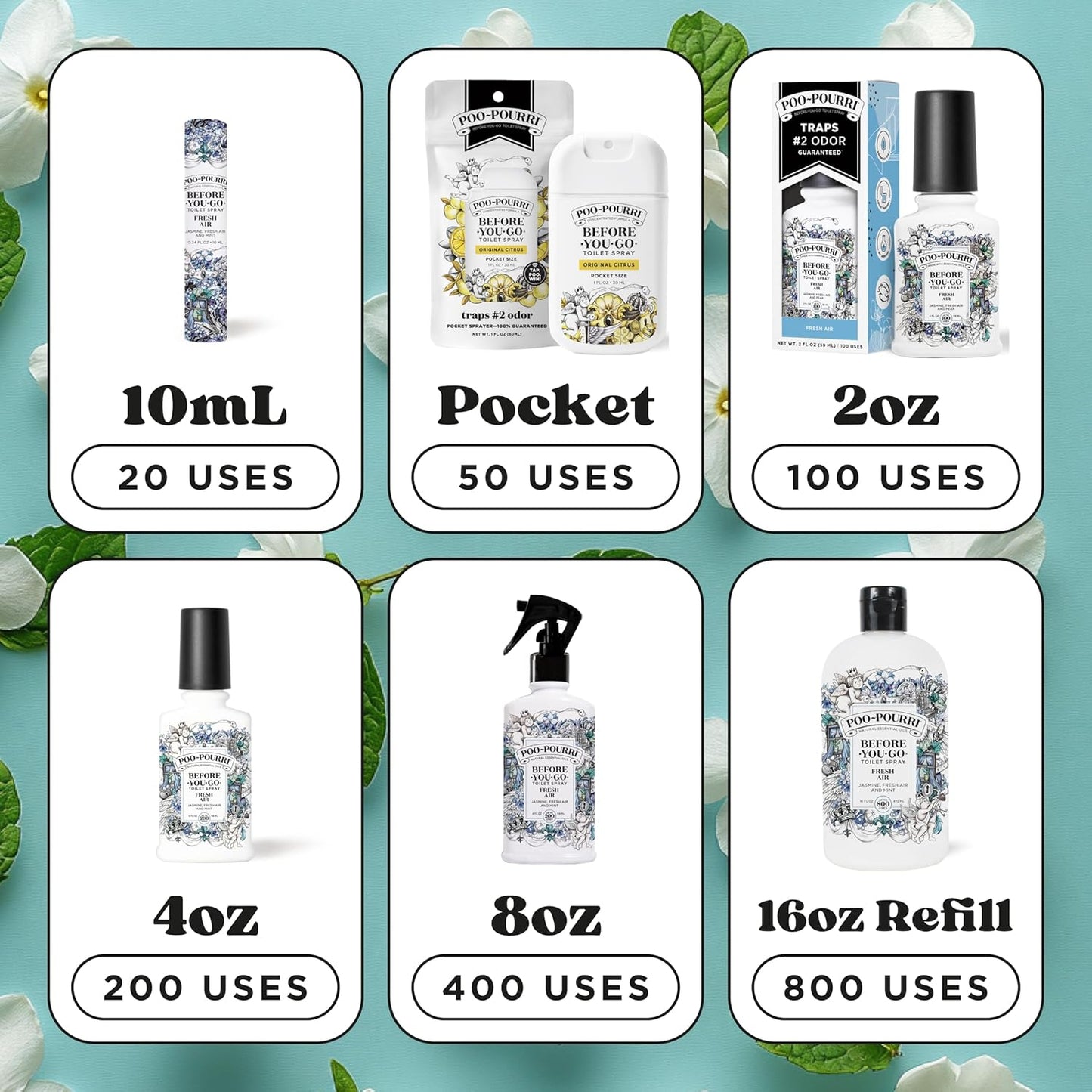 Poo-Pourri Before-You-Go Toilet Spray, Fresh Air, 4 Fl Oz, Up to 200 Uses, Bathroom Odor Deodorizer , Plant-Based with Essential Oils, for Home or Work, Jasmine, Fresh Air and Mint Scent