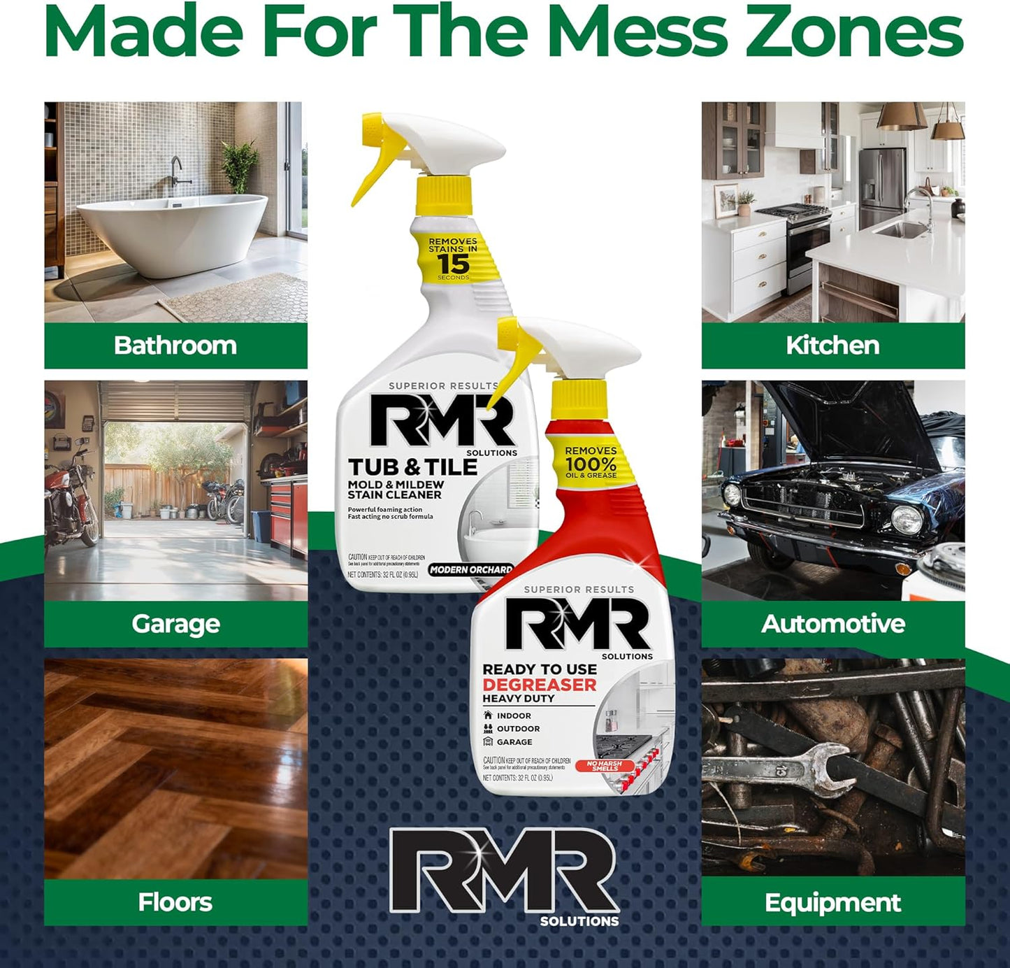 RMR Grime To Shine System – Tub & Tile Stain Remover + Ready to Use Degreaser, 2-Step Bathroom and Surface Cleaning Bundle for Tile, Grout, Shower, Counters, Floors and More, 2–32 Oz Bottles
