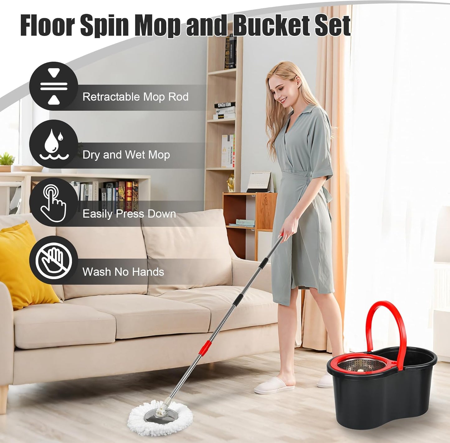 Spin Mop and Bucket System, 360° Rotating Head, Adjustable Handle, 20QT Bucket with Auto-Clean, 3 Microfiber Heads