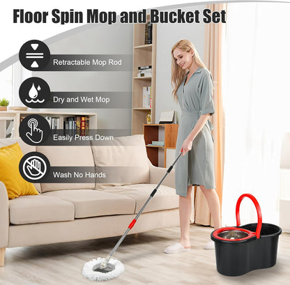 Spin Mop and Bucket System, 360° Rotating Head, Adjustable Handle, 20QT Bucket with Auto-Clean, 3 Microfiber Heads
