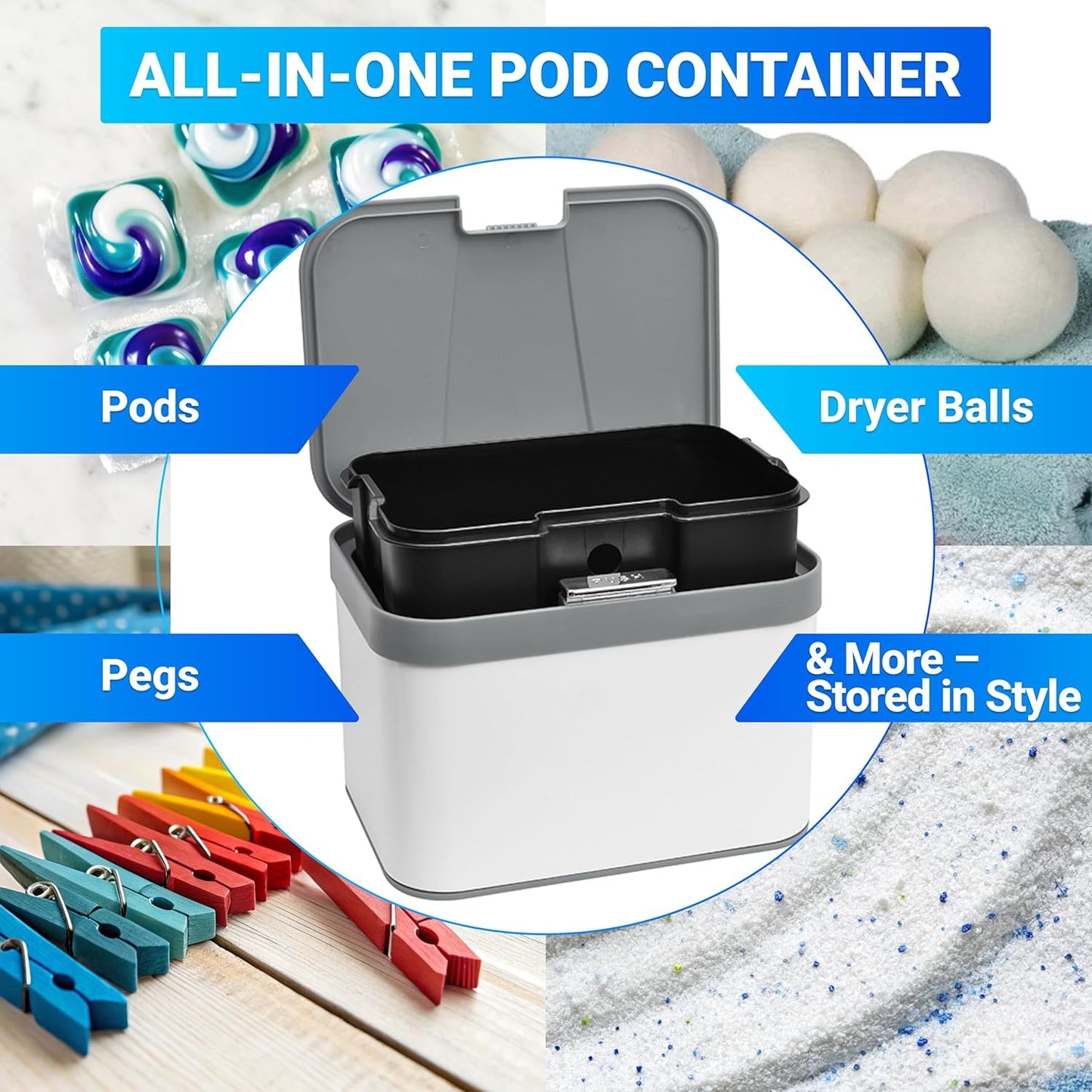 Skywin TidyFriend Laundry Pods Container with Lift Up Lid, 12.4" x 6.5" x 8.7", Airtight Storage Keeps Pods Fresh, Laundry Detergent Container & Dishwasher Pod Holder (Grey)