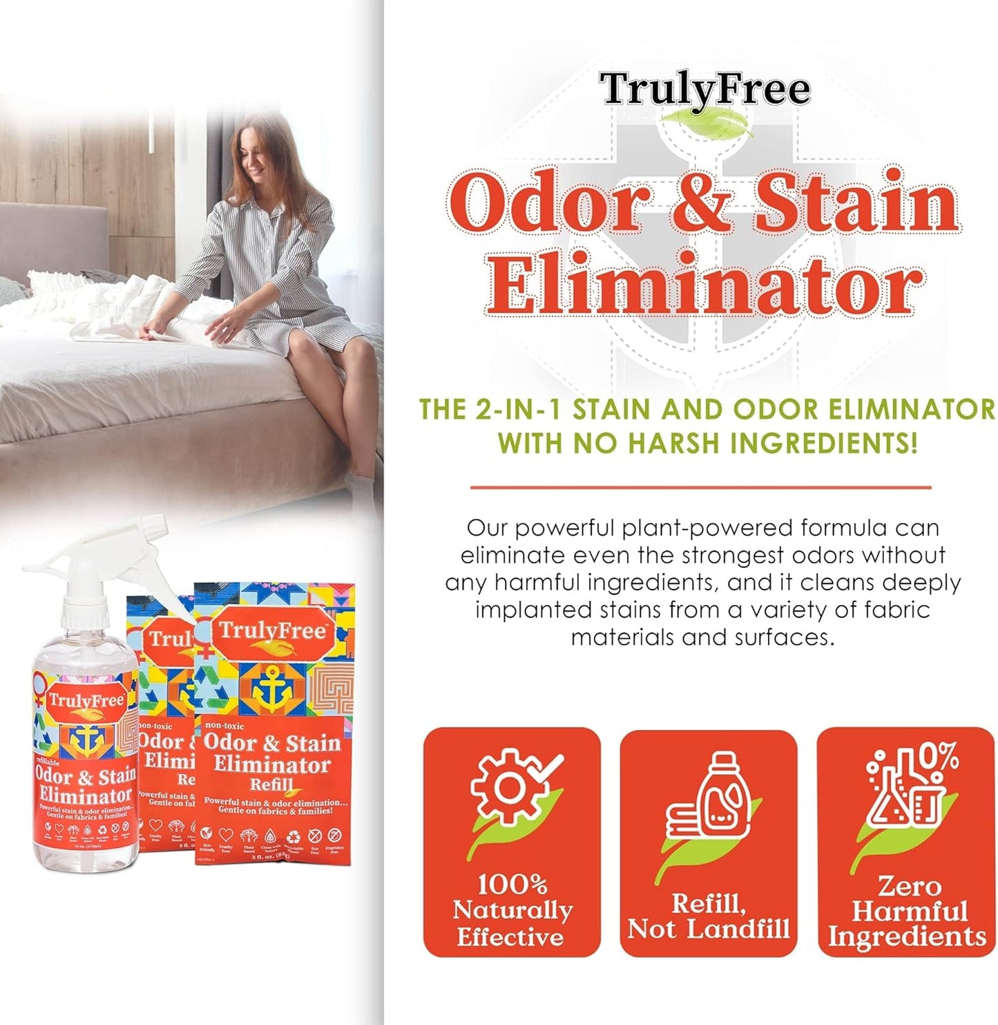 Truly Free Multi-Purpose Odor & Stain Eliminator, Pet Odor Eliminator for Home & Stain Remover for Carpet, Couch, Rugs & More, Upholstery Deodorizer, Includes 1 Empty Bottle Spray & 2 Refill (3 oz ea)