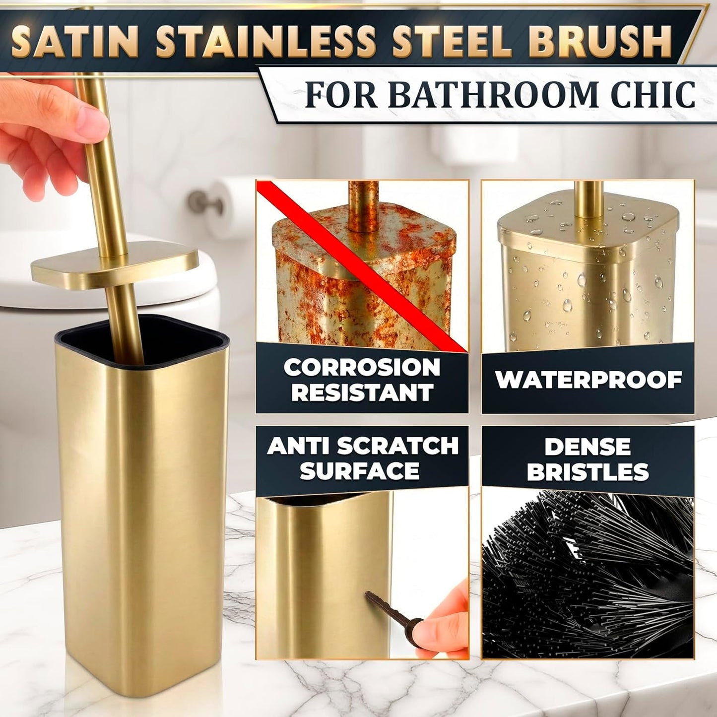 Stylish Stainless Steel Toilet Brush and Holder Set - Silver Toilet Bowl Brush and Holder with Splash Cover, Sturdy Bristles, Corrosion & Scratch Resistant - Elegant Design, Effective Deep Cleaning