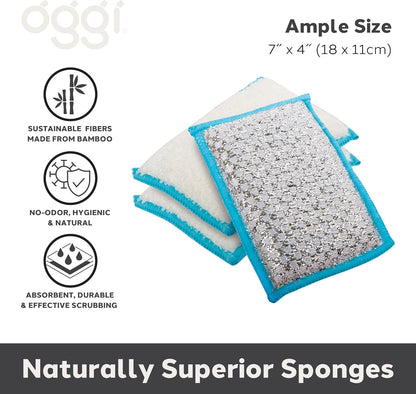 OGGI Bambou Odor-Free Scrubbing Sponges - Natural Scrub Sponges for Dishes, 91% Bamboo-Derived Rayon Cellulose Fiber, Reusable, Absorbent, Durable Scrubbers, Non-Scratch, Washable - 3 pcs, 7x4
