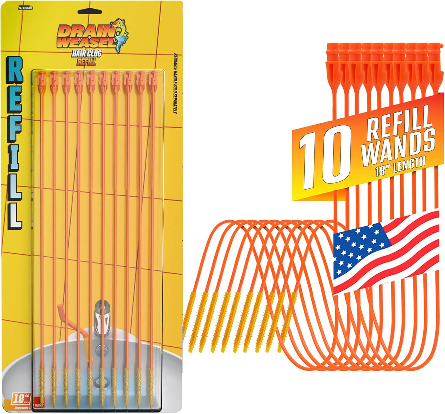 FlexiSnake Drain Weasel Refill - Sink Snake Hair Clog Remover Tool, Sink, Pipe, Bathroom, Bathtub Drain Cleaner, 18-inch Long Flexible Disposable Wands, Made in The USA, 5 Pack