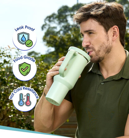 40 Oz Tumbler Flip Straw Lid Compatible with Stanley Quencher Cup, Anti Spill Replacement Cup Covers, Durable Silicone Leak Proof Lids with Cleaning Brush Set for Travel Storage