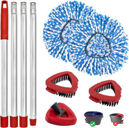 Spin Mop Handle, Mop Replacement Head,Brush,Base Compatible with OCedar EasyWring 1 Tank,2 Microfiber Mop Refills,1 Mop Base,1 Brush and 30-58" Mop Handle Combo Set for OCeda,Use for Floor Cleaning