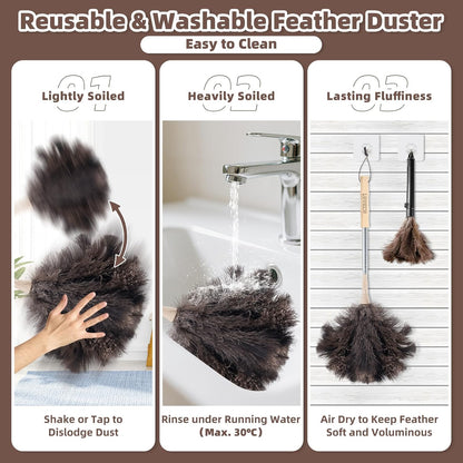 Ostrich Feather Dusters for Cleaning Kit - Reusable Soft Feather Duster Extendable to 49 inches for Cleaning Ceiling Fan, High Ceiling, Blinds & Retractable Small Duster for Keyboard, Car