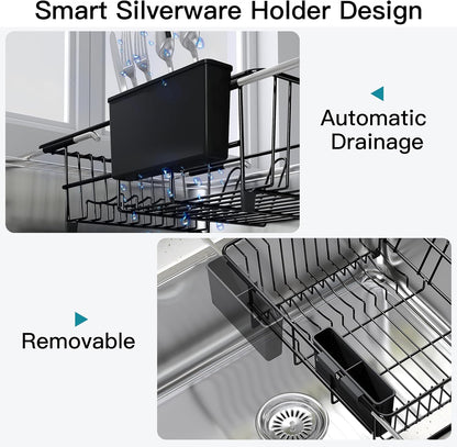 JASIWAY Dish Drying Rack in Sink, Expandable Stainless Steel Dish Drainers for Kitchen Counter, Dish Dryer Rack for Inside Sink, Over The Sink Dish Racks with Utensil Holder, Silver