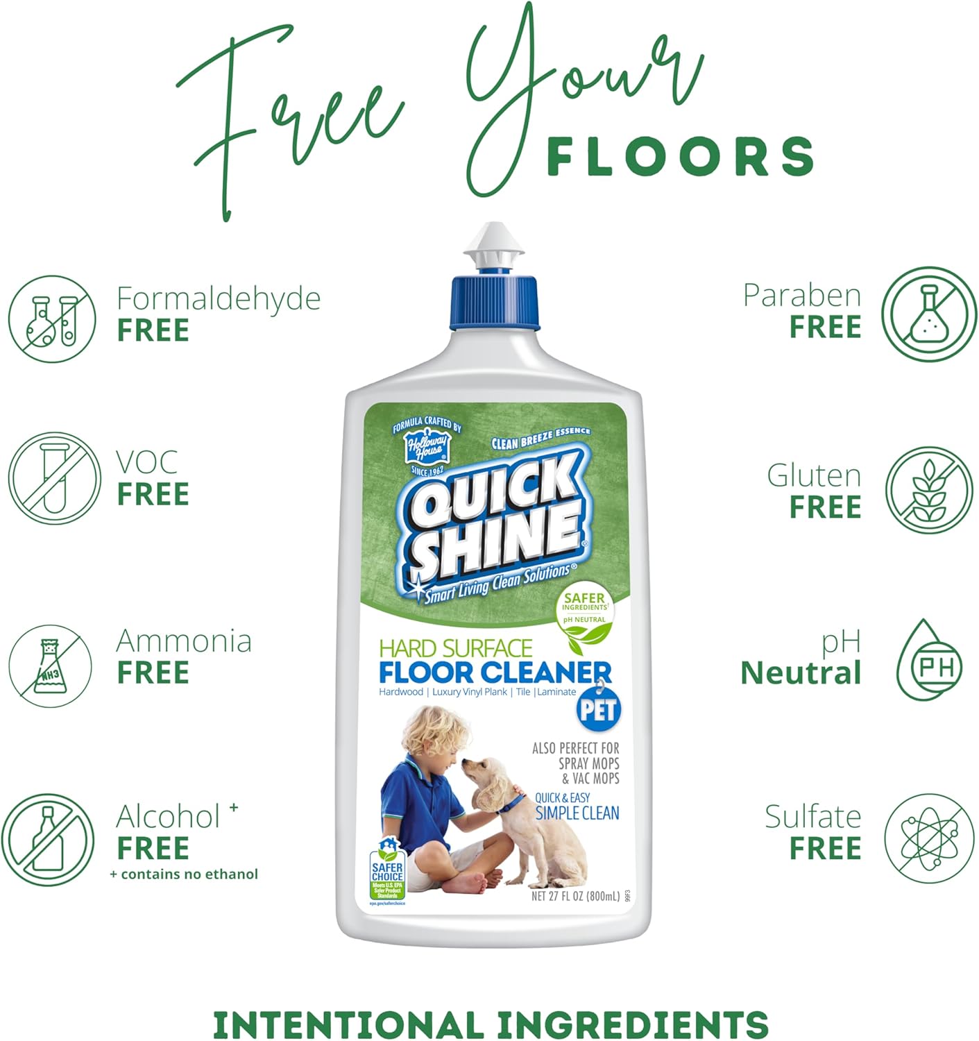 Quick Shine Hard Surface Pet Floor Cleaner 27 oz, 2Pk | Ready to Use, Removes Dirt, Streak Free, No Rinse | Hardwood, Laminate, Luxury Vinyl Plank LVT, & Tile | Safer for Kids, Pets & Our Environment