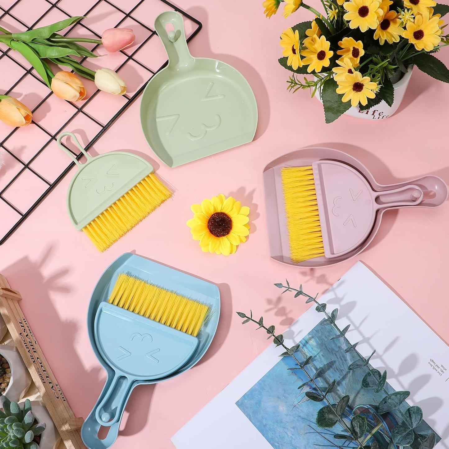 9pcs mini Broom and Dustpan Set Small Broom and Dustpan Set with Handle Portable Desktop Sweep Tools mini dustpans and Brush Sets for Car Interior,Cleaning Tools,Sofa3 Colors
