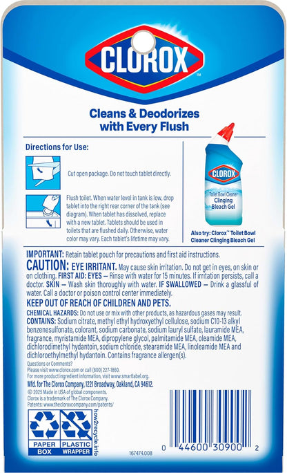 Clorox Ultra Clean Toilet Tablets Bleach & Blue, Rain Clean Scent, 2.47 Ounces Each, 4 Count (Package May Vary)