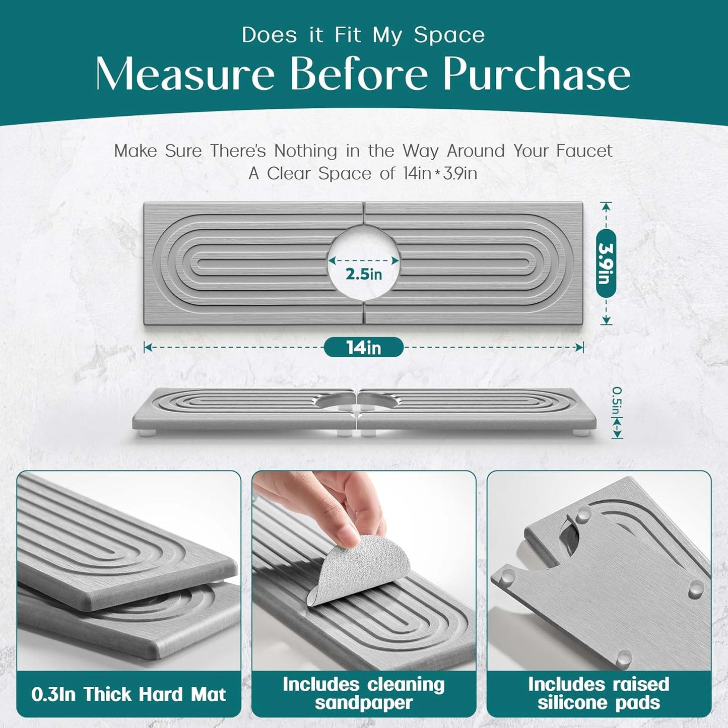 Eormoe Faucet Mat for Kitchen Sink – Diatomite Stone Drying Mat & Sink Protectors, Prevent Moisture – Sink Splash Guard Water-Absorbing Stone Tray for Bathroom Counter (Light Grey, 23.6" x 3.9")